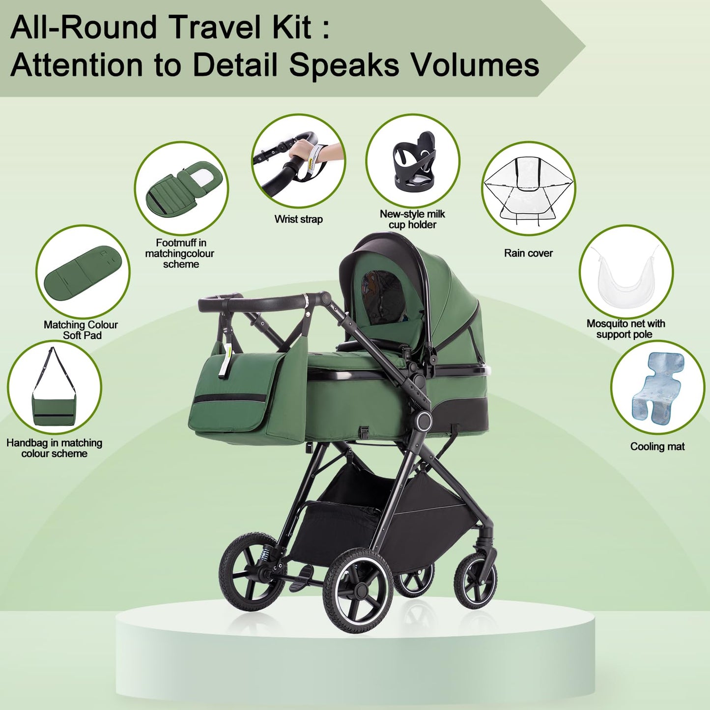 Zkipm Baby Pram 3 in 1, Foldable Baby Stroller,Pram Set Travel with Adjustable-Height Push Handle, Present Rain Cover, Mosquito Net, Bag, Cooling Mat, ect for Ages 0–3