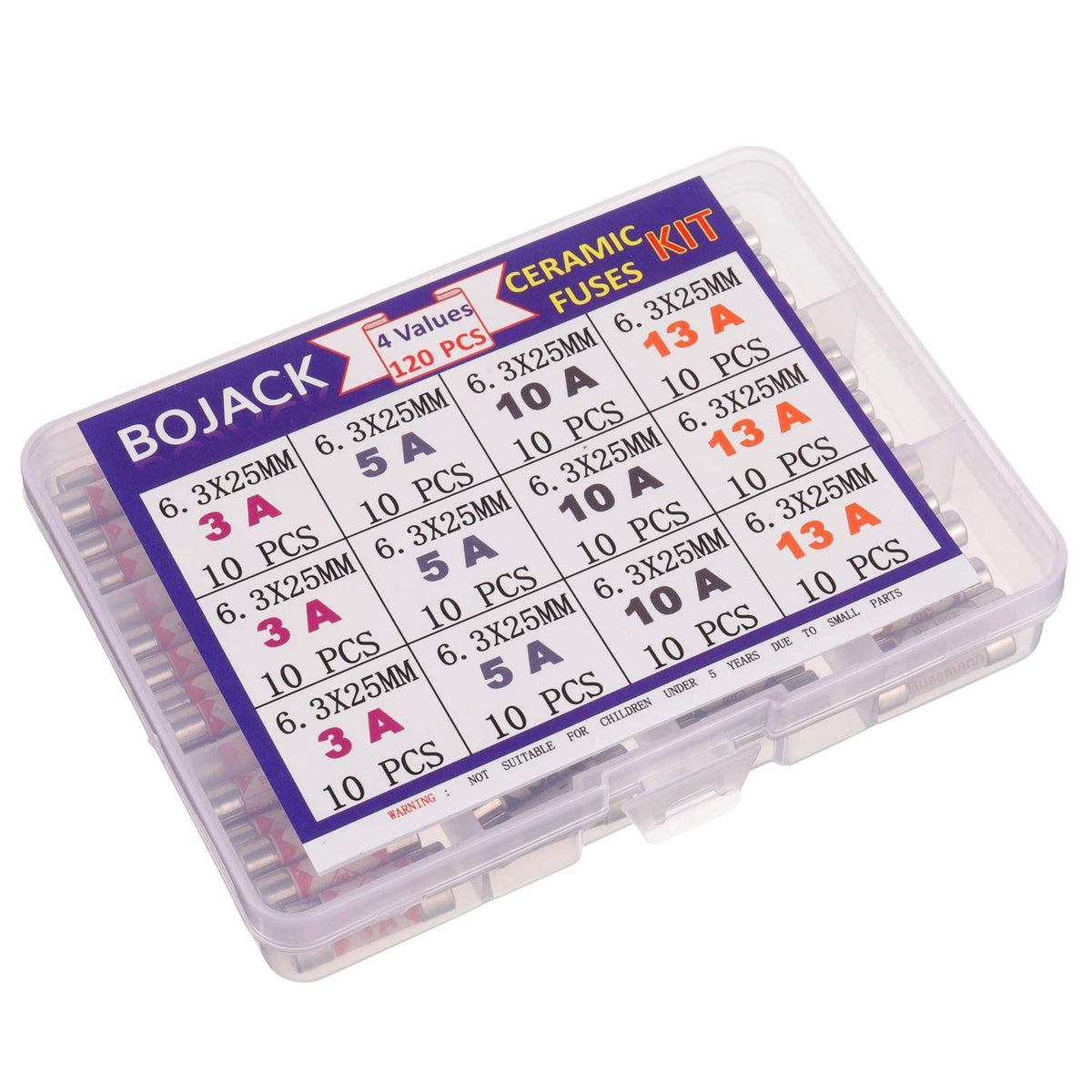 BOJACK 3 Values 42 pcs 3 5 13 A amp 240 V Volt Household Mains Plug Fuse 6.3x25 mm 0.25x1Inch BS1362 Ceramic Tube Cartridge Fuses Assortment Kit packag in a Clear Plastic Box