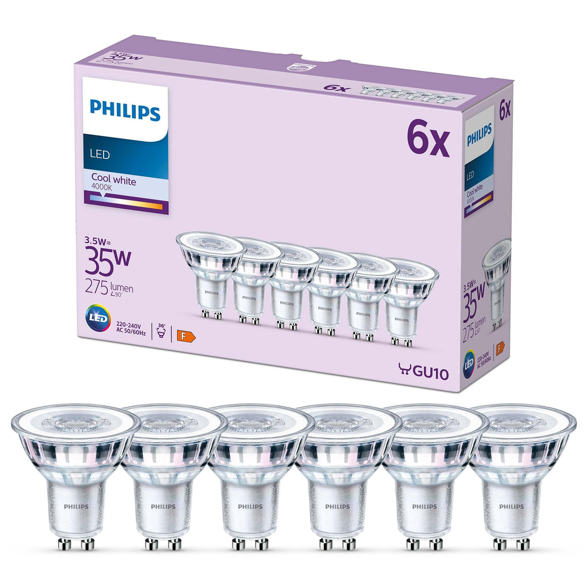 PHILIPS Classic Spotlight LED Bulb, GU10, Pack of 6
