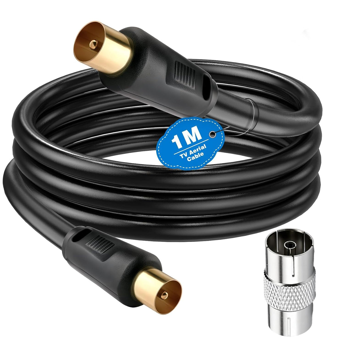 Ancable TV Aerial Cable with Coaxial Adapter 1M Black TV Ariel Lead