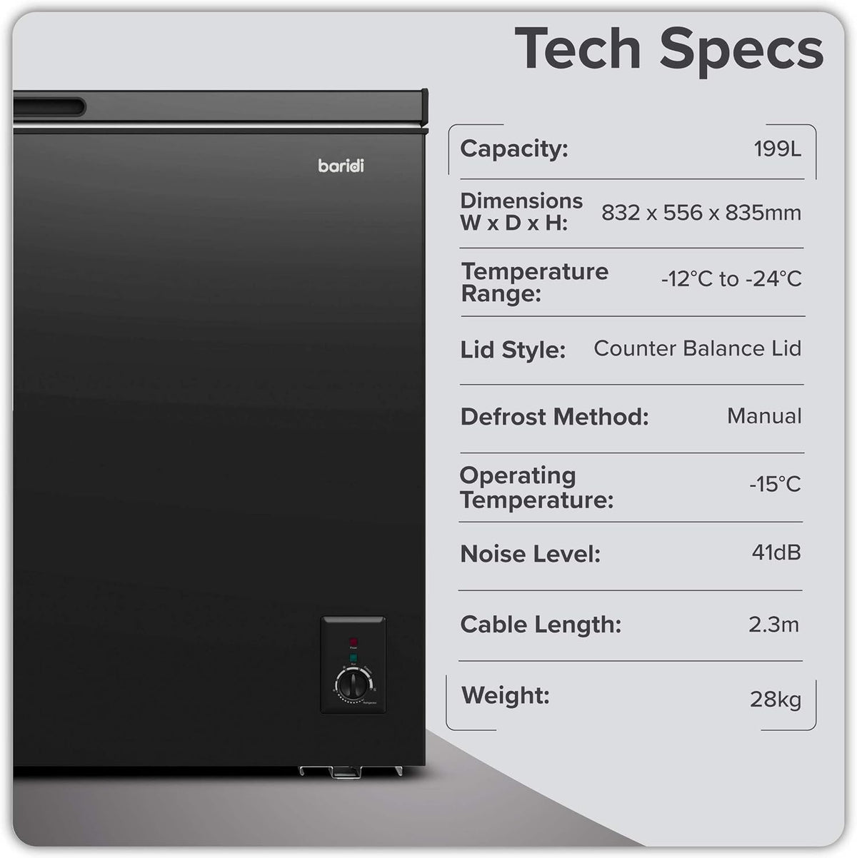 Baridi 299L Freestanding Chest Freezer with Adjustable Thermostat, Black - DH261