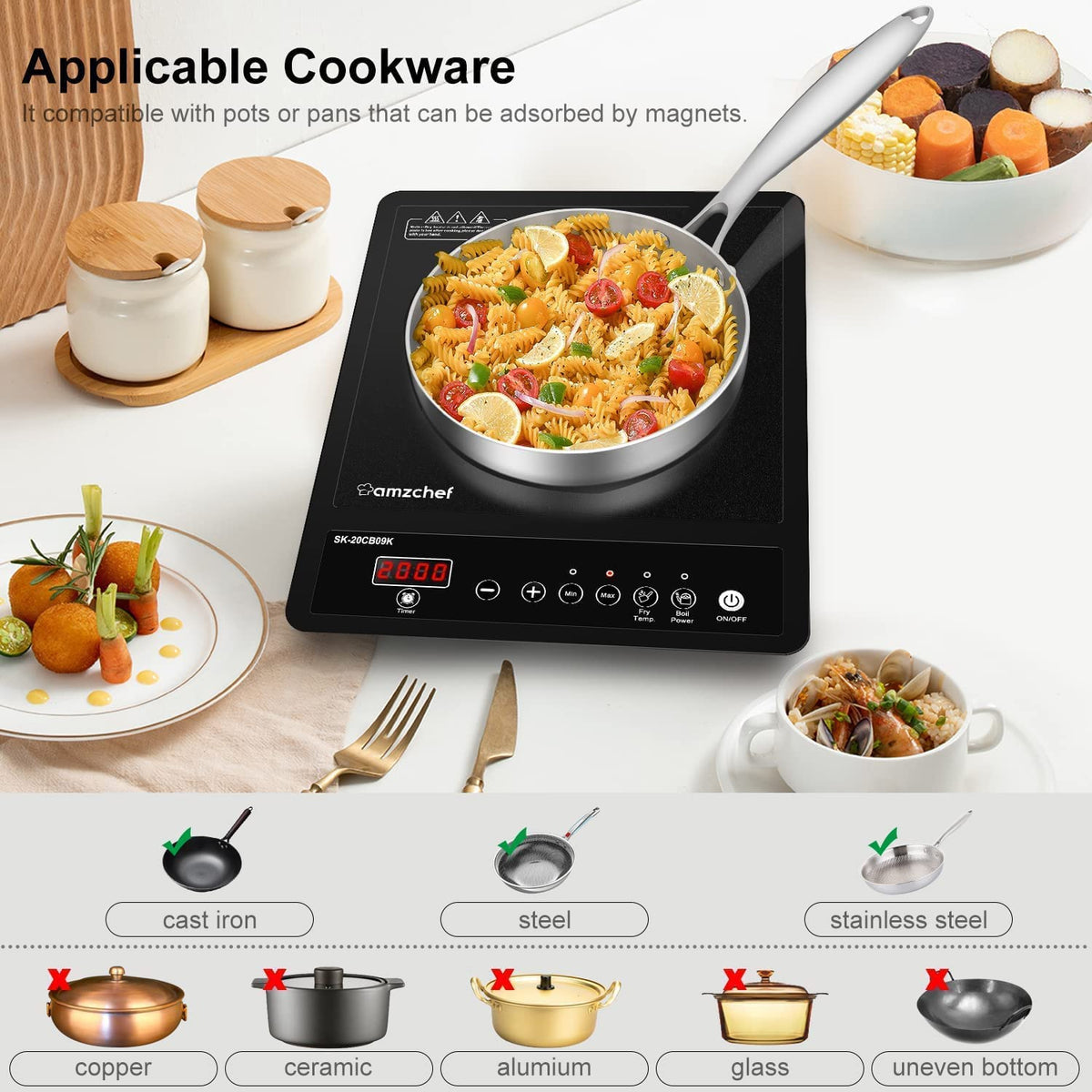 AMZCHEF Single Induction Cooker, Ultra-thin Induction Hob with Fashion Look, 20-level Power and Temperature Control, Black Frosted Glass Panel, Touch Sensor, 3-hour Timer, Safety Lock