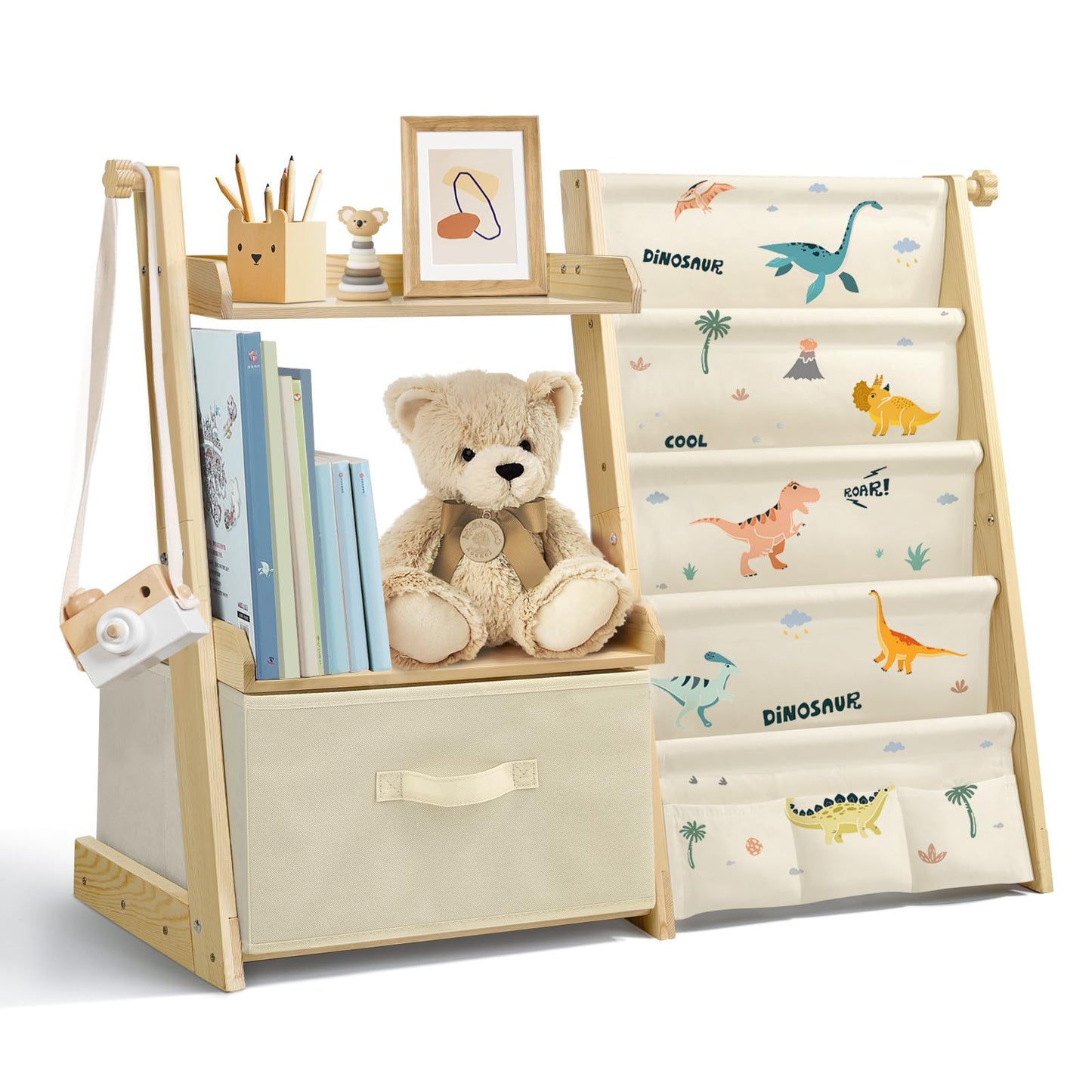 Kids Bookshelf and Toy Storage, Montessori Wooden Children Bookcase and Toy Organizer, 4-tier Toddler Sling Book Shelf with a Large Storage Box for Nursery, Bedroom, Playroom (Terrazzo)