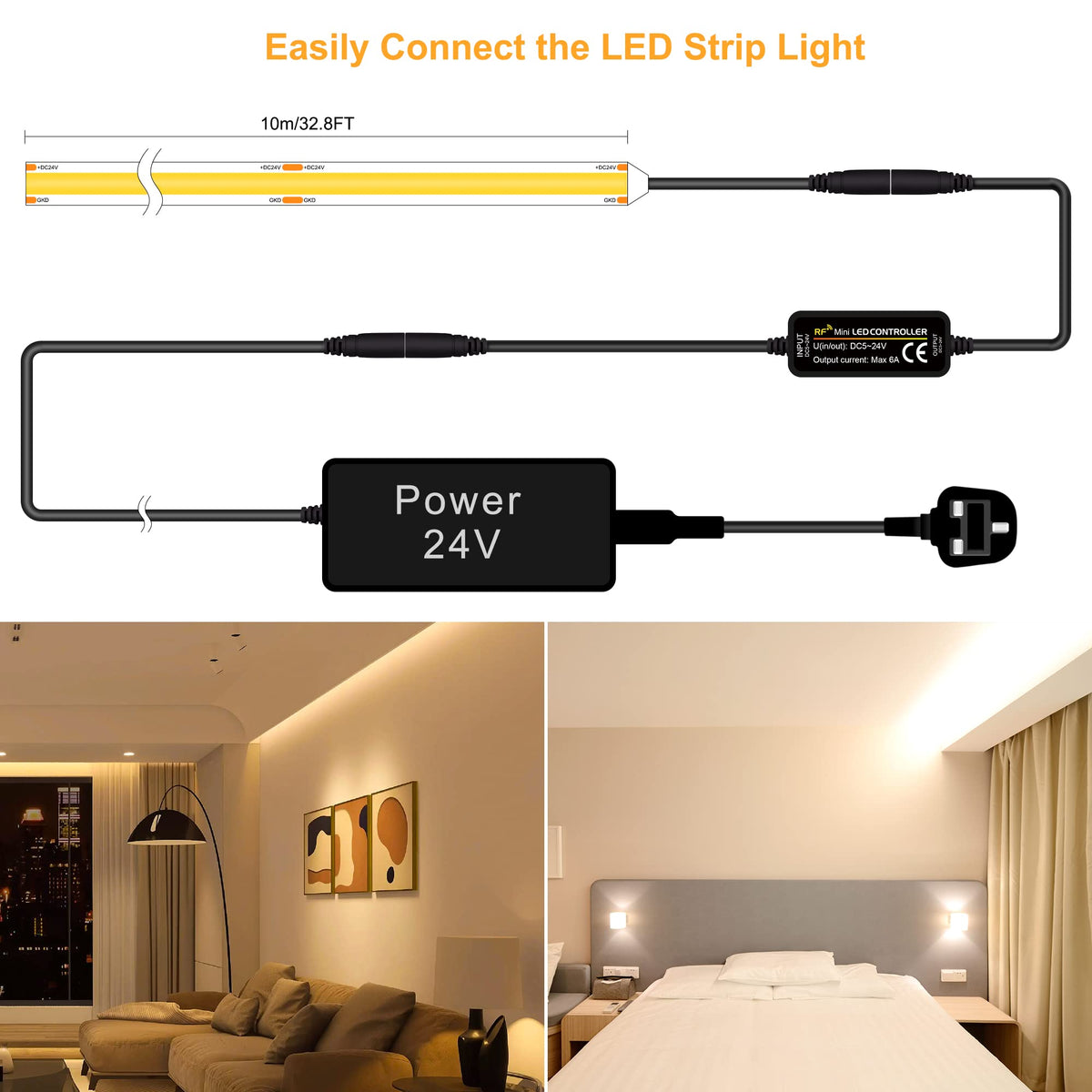 TTWAY COB LED Strip Lights 2700K, Dimmable LED Strip Kit, Super Bright 24V LED Tape Lights CRI90+ with RF Remote and UKCA Power Supply for DIY Home Decoration, 5M, 2400LEDs, Warm White.