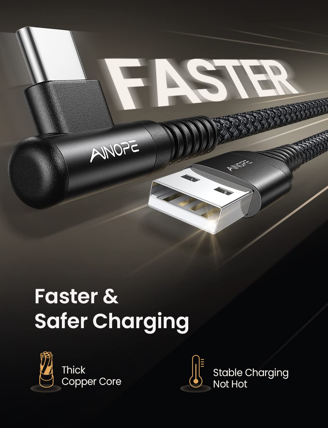 AINOPE USB C Charger Cable,(2Pack 2M) 3.1A Right Angle USB to USB C Cable