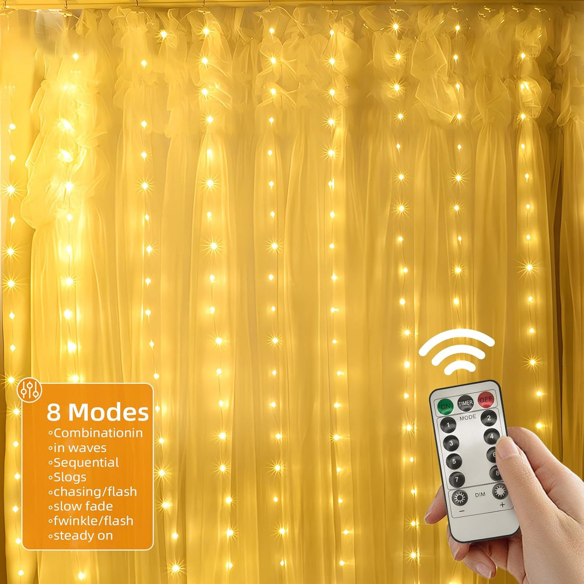 Jsdoin Curtain Fairy Lights, 3.6m x 3m 360leds USB Operated 8 Modes String Light Indoor Waterproof Hanging Window Lights with Hooks for Christmas, Wedding, Party,Wall, Home Decorations (Warm White)