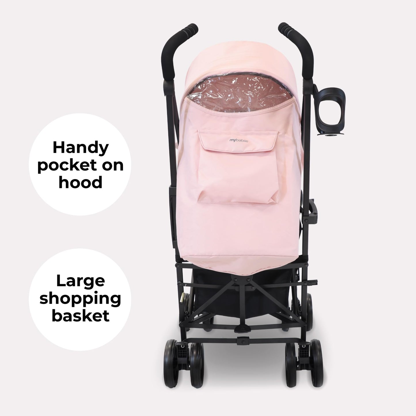 My Babiie MB02 Plus Stroller - from Birth to 4 Years (22kg), Lightweight & Compact Umbrella Fold, Travel Buggy for Toddlers, Pushchair Includes Cup Holder and Rain Cover - Pink & Grey