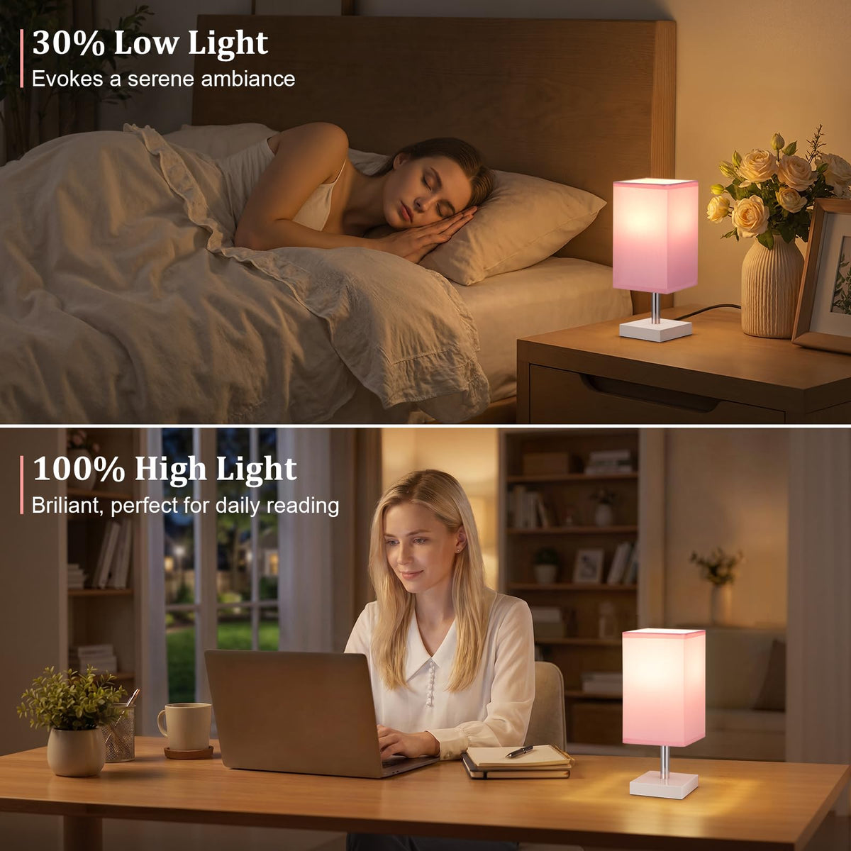 White Table Lamp for Bedroom, Small Bed Lamp with for Bedroom, Silver Base(Bulb Included)