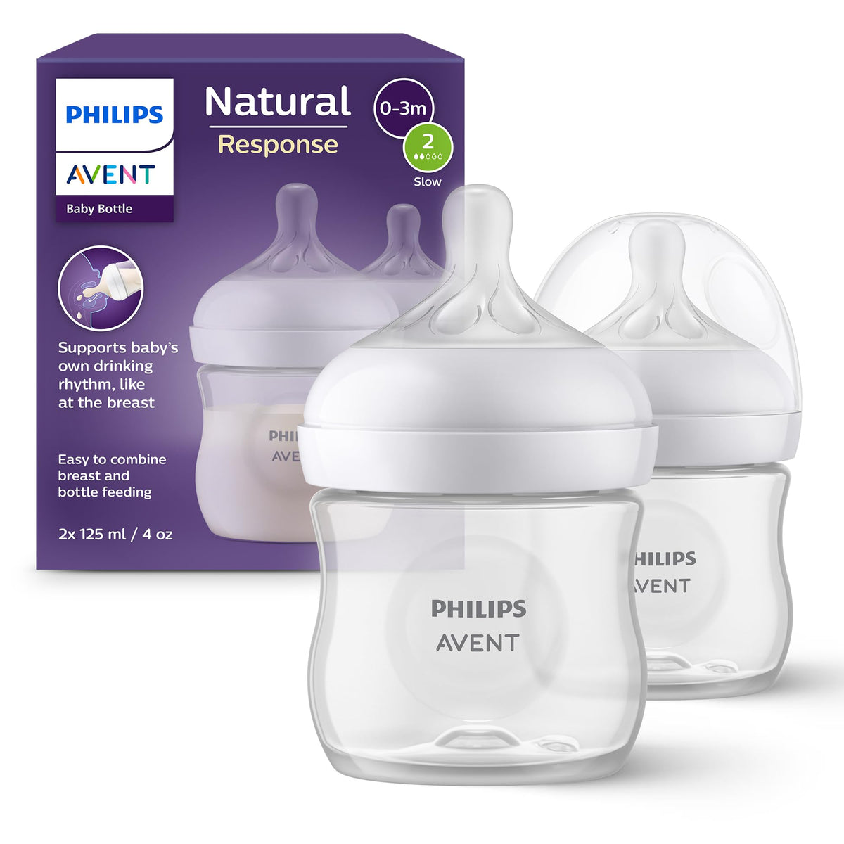 Philips Avent Natural Response Baby Bottle - 125ml Baby Milk Bottle for Newborns and Up, BPA Free, 0+ Months (Model SCY900/01)