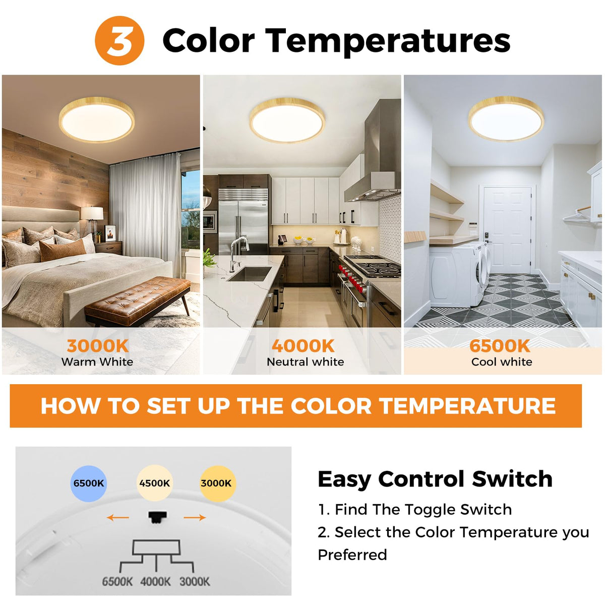 slochi Bathroom Light, 3000K/4000K/6500K 3 Color Temperature, Waterproof, Round, Modern, Flush Ceiling Light for Bathroom, Kitchen, Bedroom, Hallway and MoreØ18CM(Gold)