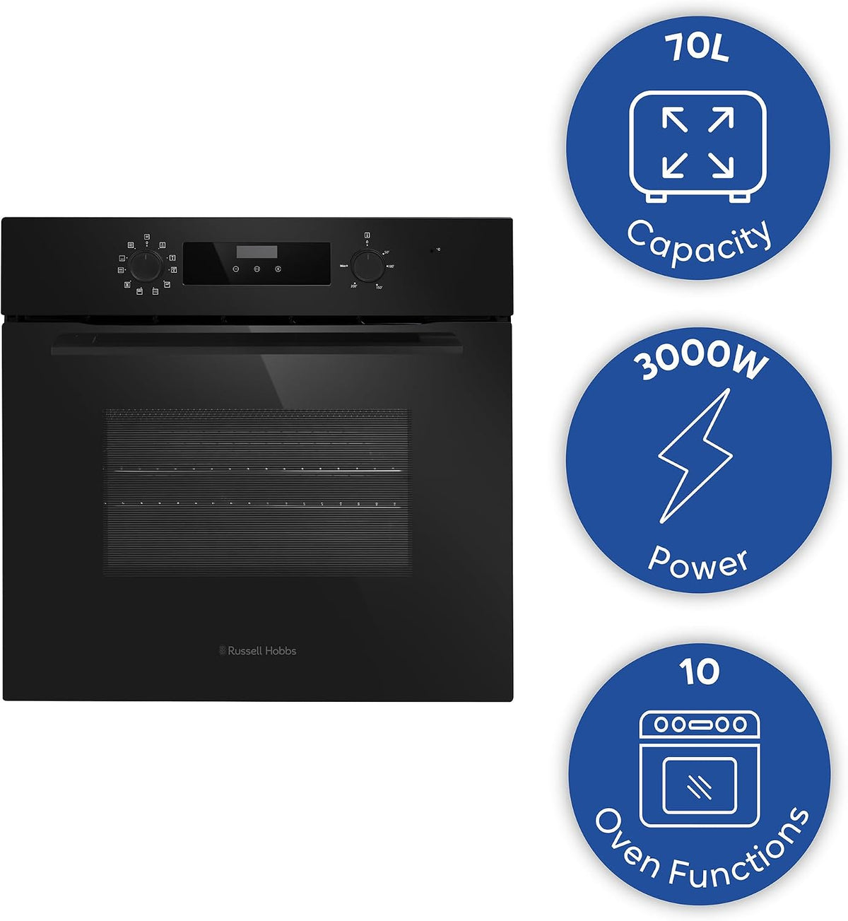 Russell Hobbs Built-in Multifunctional Electric Fan-Assisted Oven 70L in Black with 10 Functions, Double-Glazed Door, A Energy Rating, Grill Function, LED Clock & Timer, Easy-Clean Interior, RHEO7011B