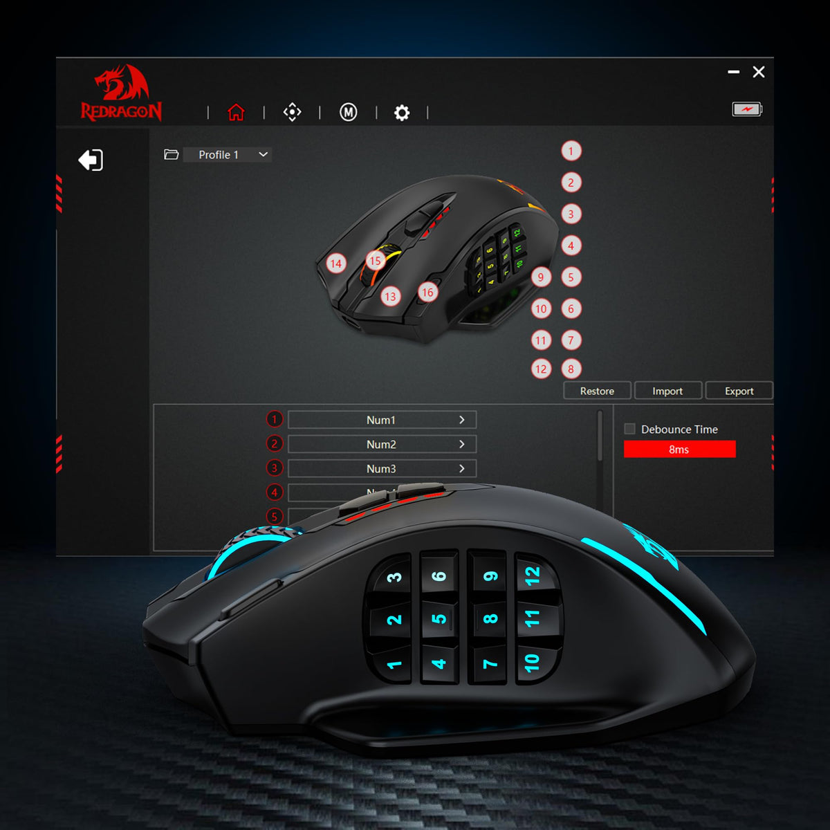 Redragon M908 Impact RGB LED MMO Gaming Mouse With 12 Side Buttons, Optical Wired Ergonomic Mouse with Max 12,400DPI, High Precision, 18 Programmable Macro Shortcuts, Comfort Grip