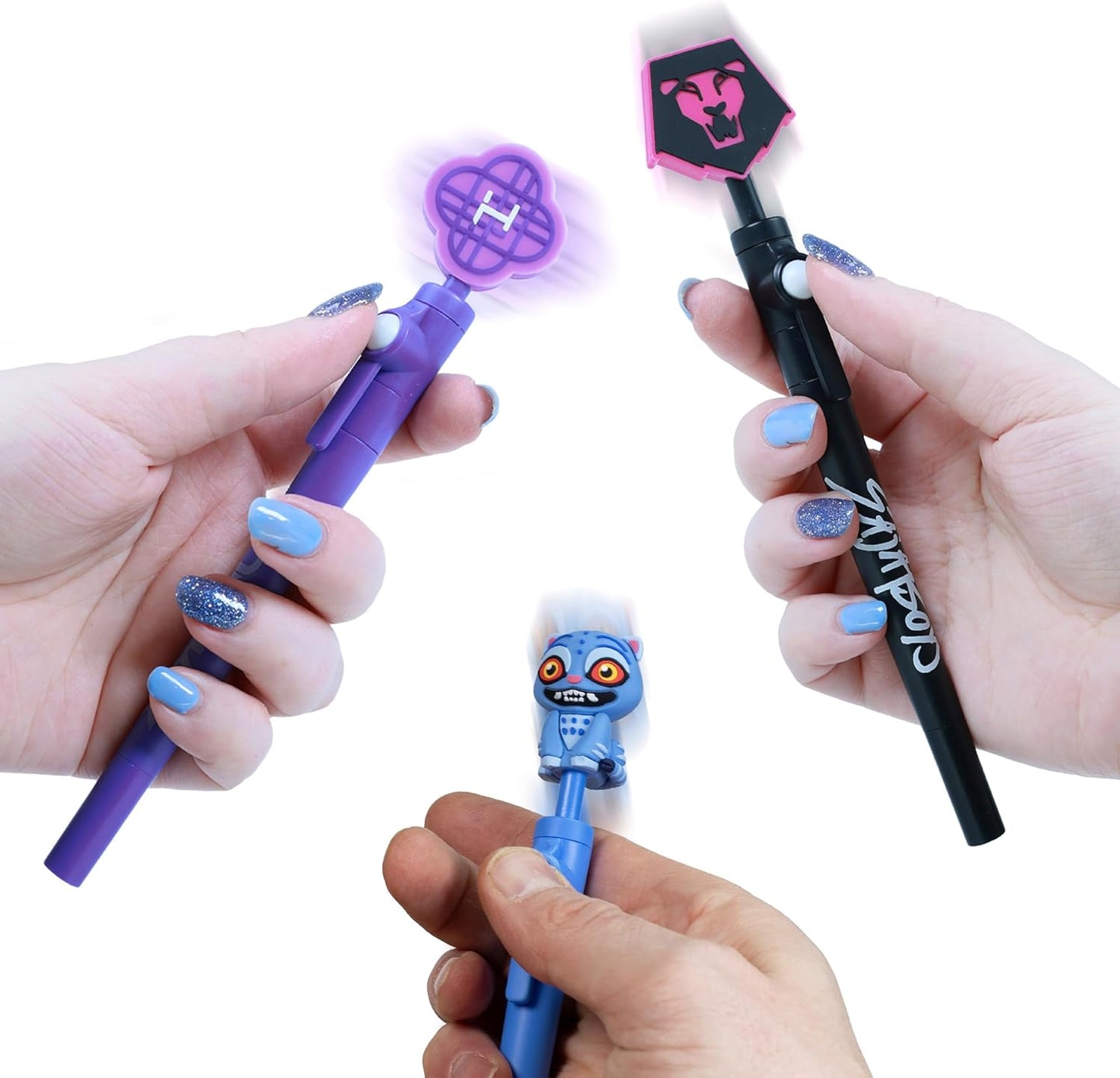 KPop Demon Hunters Fidget Pen Set (Pack of 3) – Official Merchandise – Saja Boys, Derpy & Huntr/x 18cm Black Ink Pens – Soft Touch Sensory Ball-Joint Fidget Toys – K-Pop Stationery Gift Set