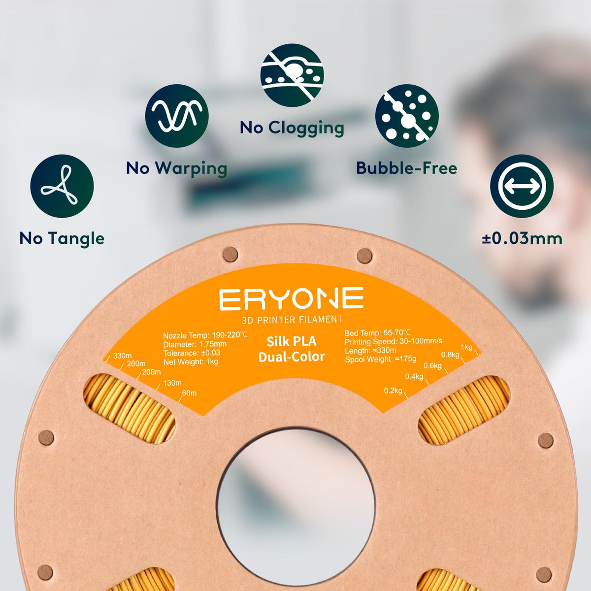 ERYONE Silk PLA Filament 1.75mm,3D Printer Filament PLA,Shiny Glossy PLA Filament,+/-0.03mm,1kg(2.2lbs)/Spool,Silk Liquid Gold