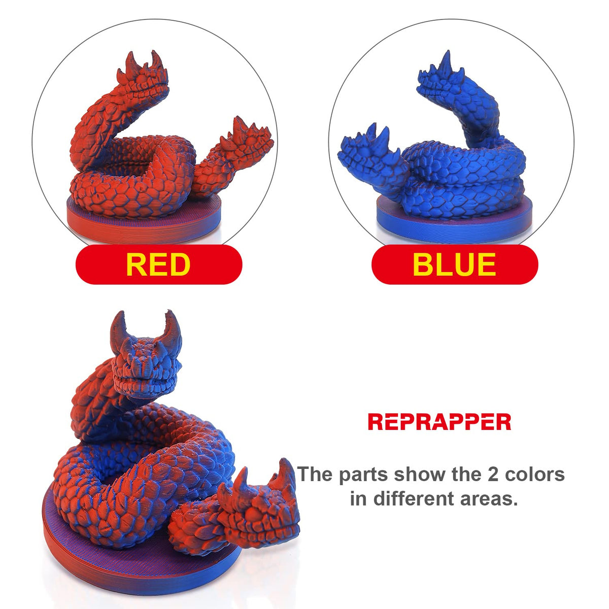 Reprapper 4X 250g Color Pack – Dual Color PLA Filament 1.75mm for 3D Printer & 3D Pen, Multicolour Filament, 4 x 250g Matte Red/Blue, Matte Purple/Green, Silk Red/Blue, and Silk Purple/Green