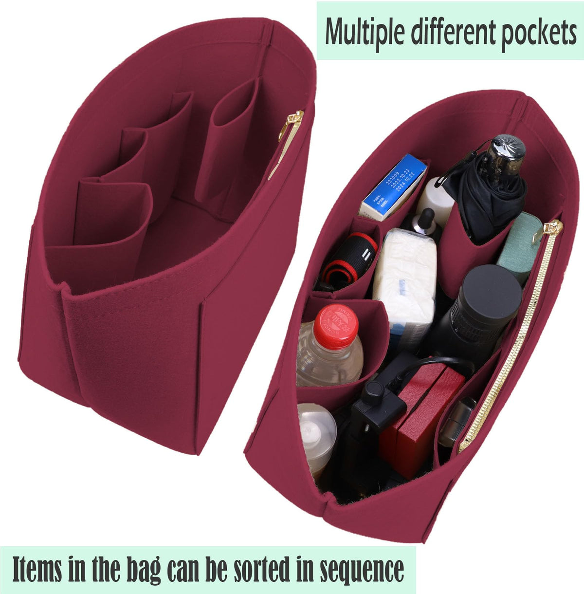 Lckaey tote bag organizer insert for Longchamp le pliage large tote insert felt purse zipper bag organizer 1028pink-S