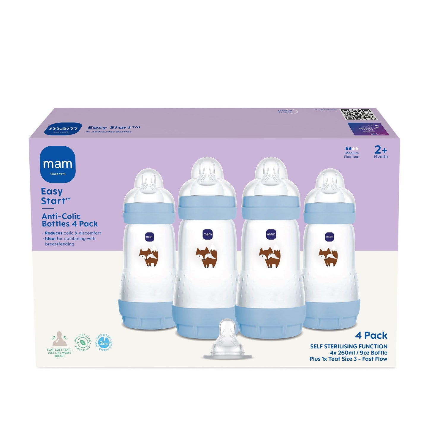 MAM Easy Start Anti-Colic Baby Bottles | 4 Pack (4X 260ml) | Self-Sterilising Baby Milk Bottle | Medium Flow MAM Teats Size 2 + 1x Fast Flow Teat Size 3 | Powder Blue (Various Designs)