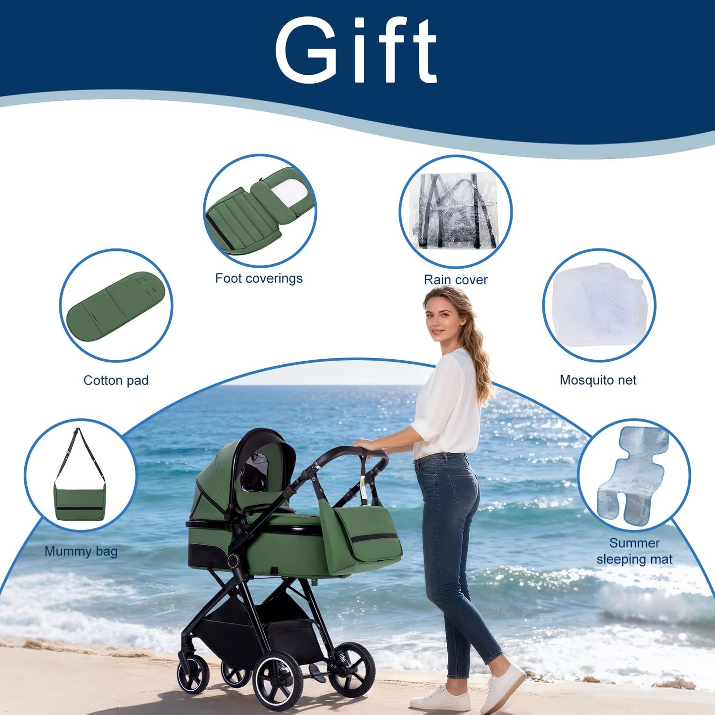 Baby Stroller 3 in 1,Travel Pushchair's Lie-Flat Pram is Foldable, Stroller System Handle is Adjustable, The Wheels are Made of PU Material, Suitable for 0-3 Years-Khaki
