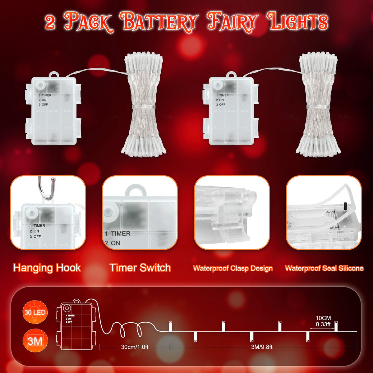 Dalugo Battery Fairy Lights, 3M 30 LED Warm White String Lights with 6h Timer, IP65 Waterproof Battery Powered Fairy Lights for Indoor Outdoor Christmas Decorations