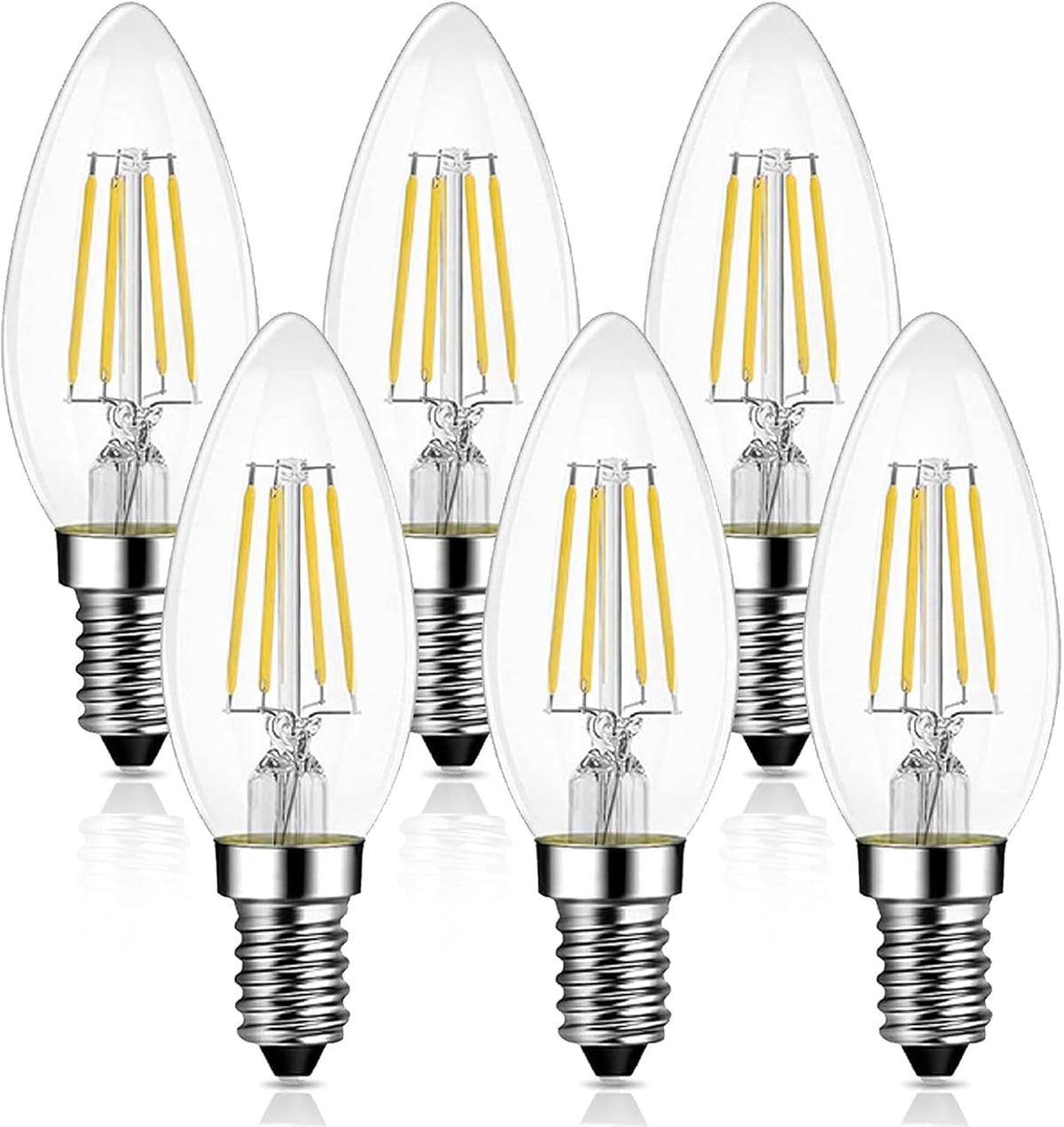 Levidon E14 LED Candle Light Bulbs, Small Edison Screw (SES) 2700K Warm White Clear Filament - Pack of 6
