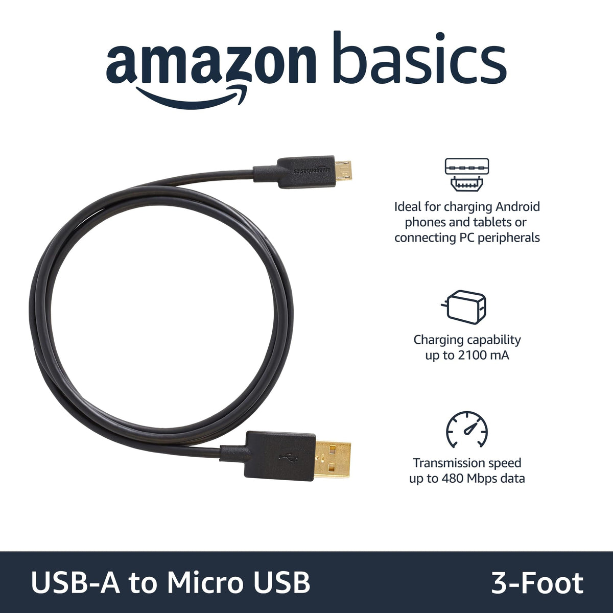 Amazon Basics 5-Pack USB-A to Micro USB Charging Cable, 480Mbps Transfer Speed with Gold-Plated Plugs, USB 2.0, 3 m, Black