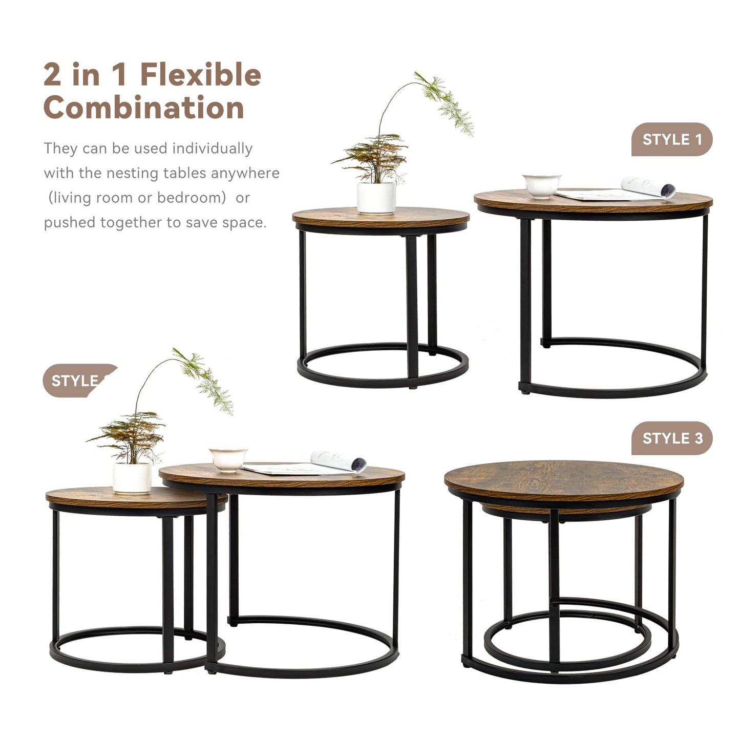 Hawthyhome Coffee Tables, Round Nesting Tables Tet of 2, Modern Side Tables with Metal Frame, Industrial Stacking End Tables for Living Room Bedroom Office, 60 * 60 * 45cm, Brown