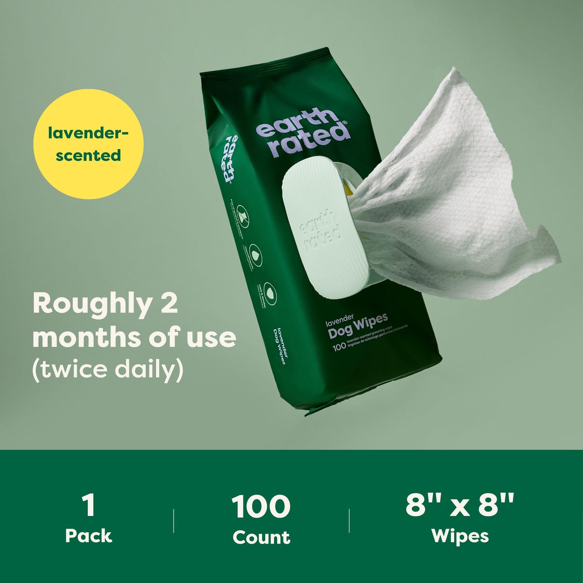 Earth Rated Pet Wipes for Dogs, Hypoallergenic, Cleaning and Hydrating, for Grooming Paws, Body and Bums, Unscented, 100 Count