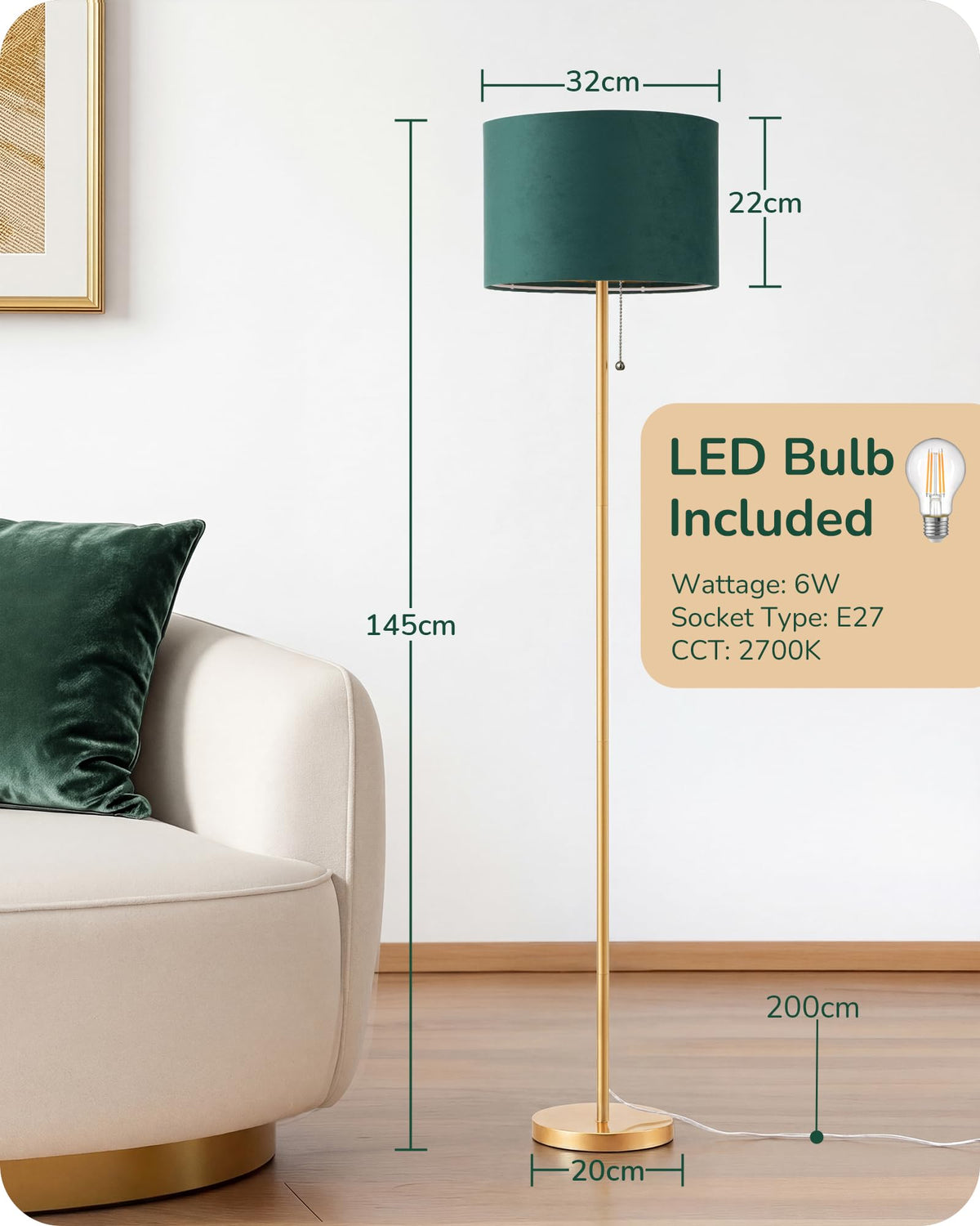 EDISHINE 57'' Modern Floor Lamp with Linen Shade, 2700K LED Bulb Included