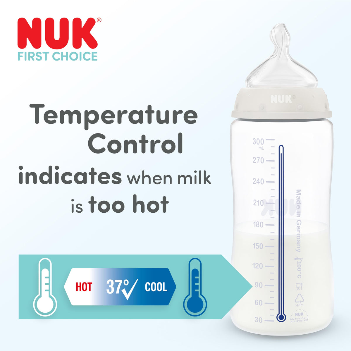 NUK First Choice+ Baby Bottles Set | 0-6 Months | Temperature Control | Anti Colic Vent | 300 ml | BPA-Free | Silicone Teat | 3 Count | Safari