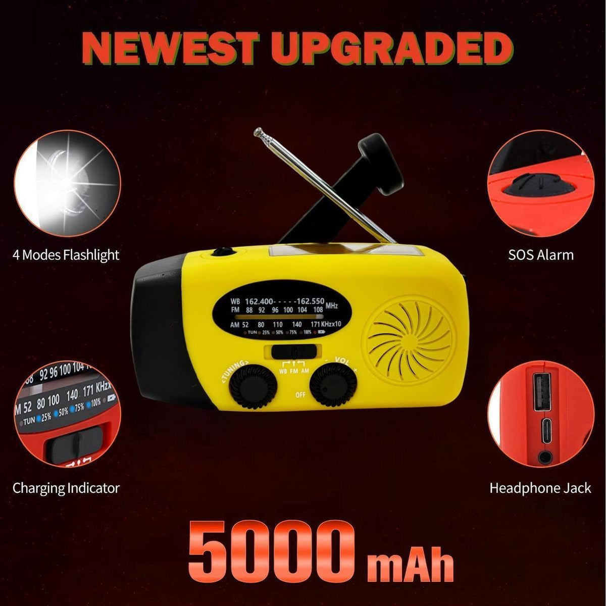 5000mAh Wind Up Solar Radio, Emergency Crank Weather Radio, FM/AM Radios