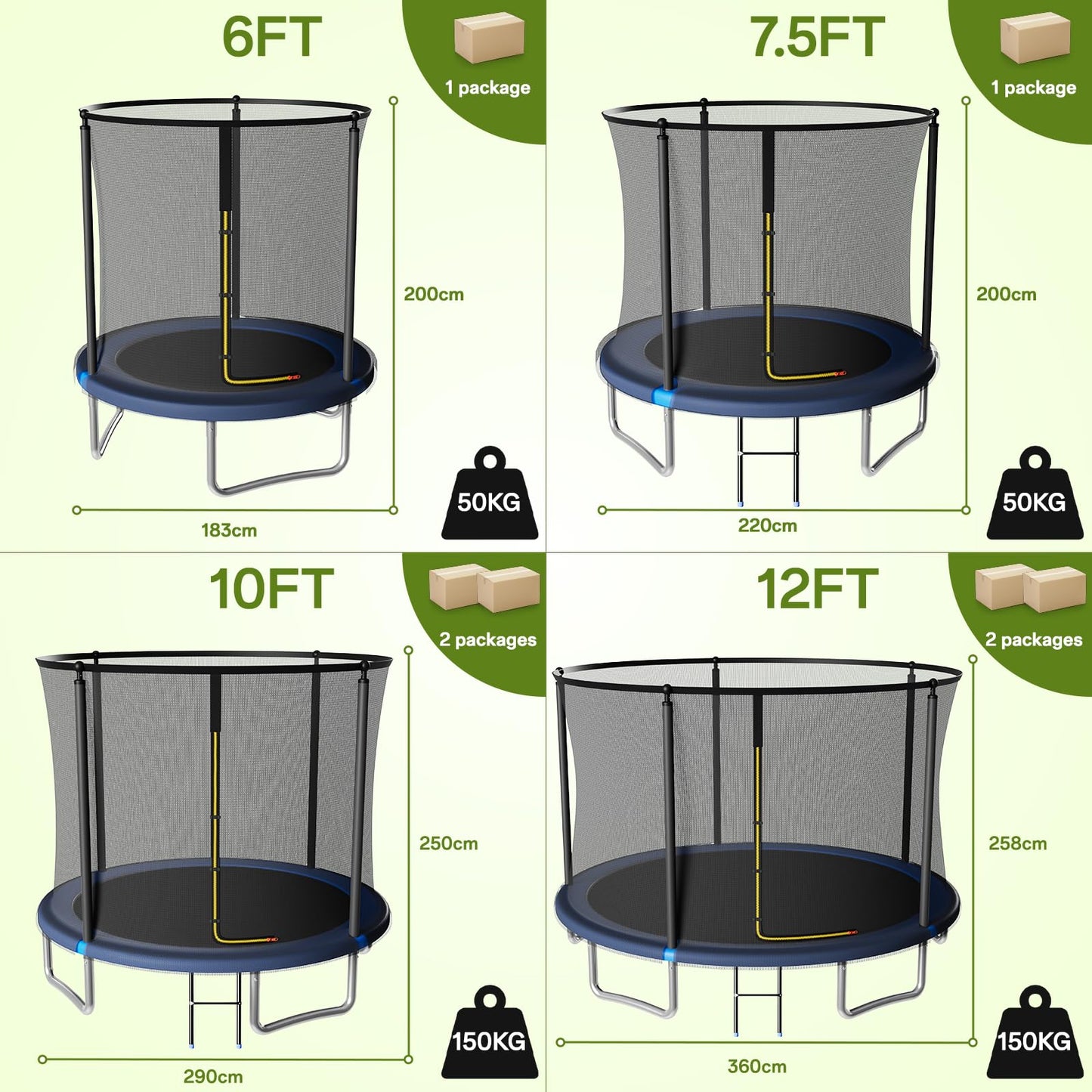 JUMMICO 12ft Outdoor Garden Trampoline with Safety Enclosure Net — 36 Galvanised Springs