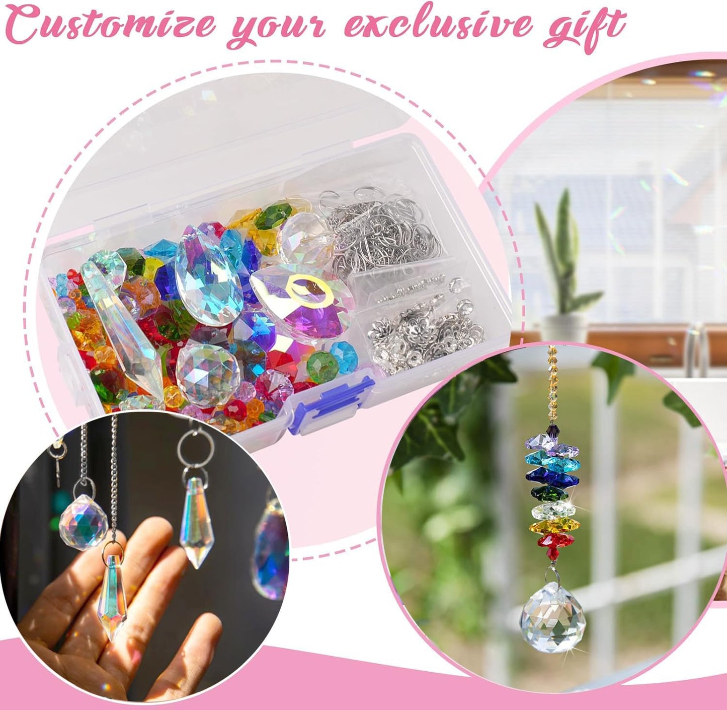 240PCS DIY Sun Catchers Making Kits for Adults, Crystal Suncatchers Kit with Colourful Prism Pearl Rainbow Maker for Windows, Hanging, Indoor, Outdoor, Garden Decor (Silver)