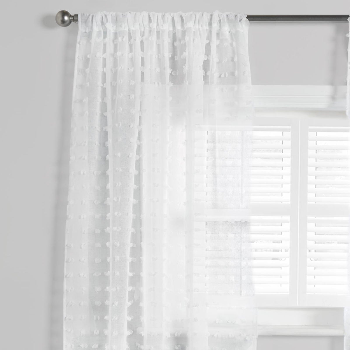 OHS Pompom Tufted Voile Net Curtains Pair 2 Window Panels Slot Top Set 55" Wide