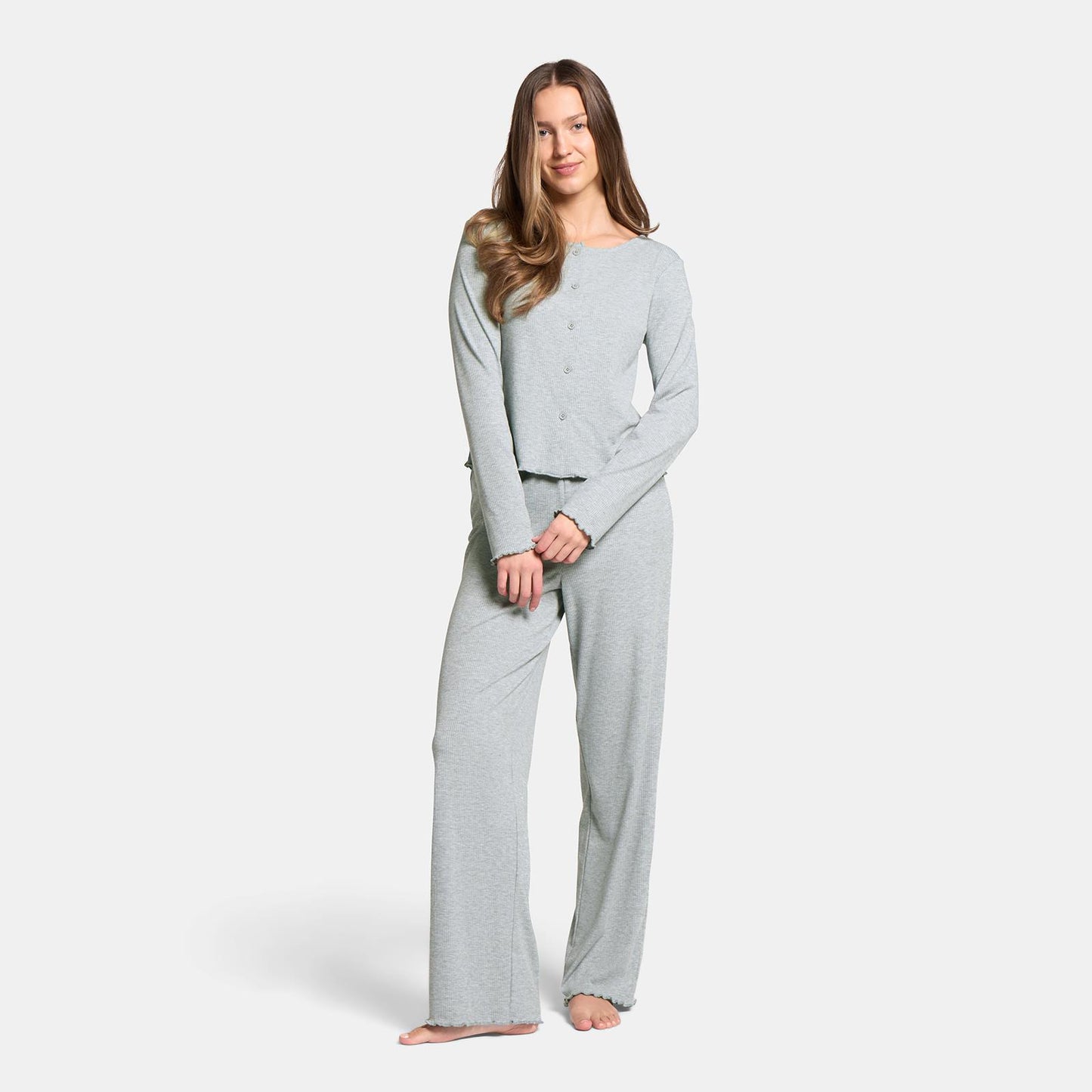 OHS Ribbed Jersey Pyjama Set Womens Lettuce Edge Sleepwear Nightwear Loungewear