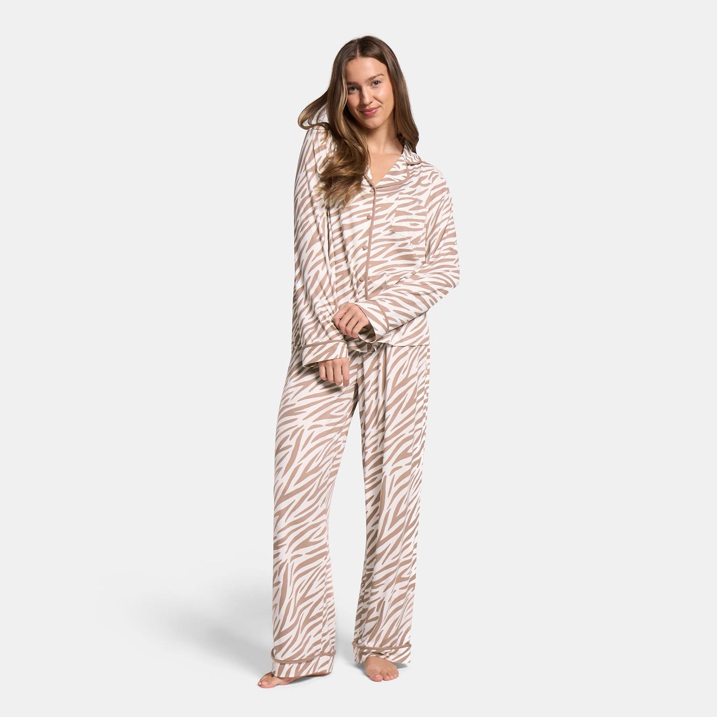 OHS Zebra Print Pyjama Set Womens Jersey Button Through Nightwear Loungewear