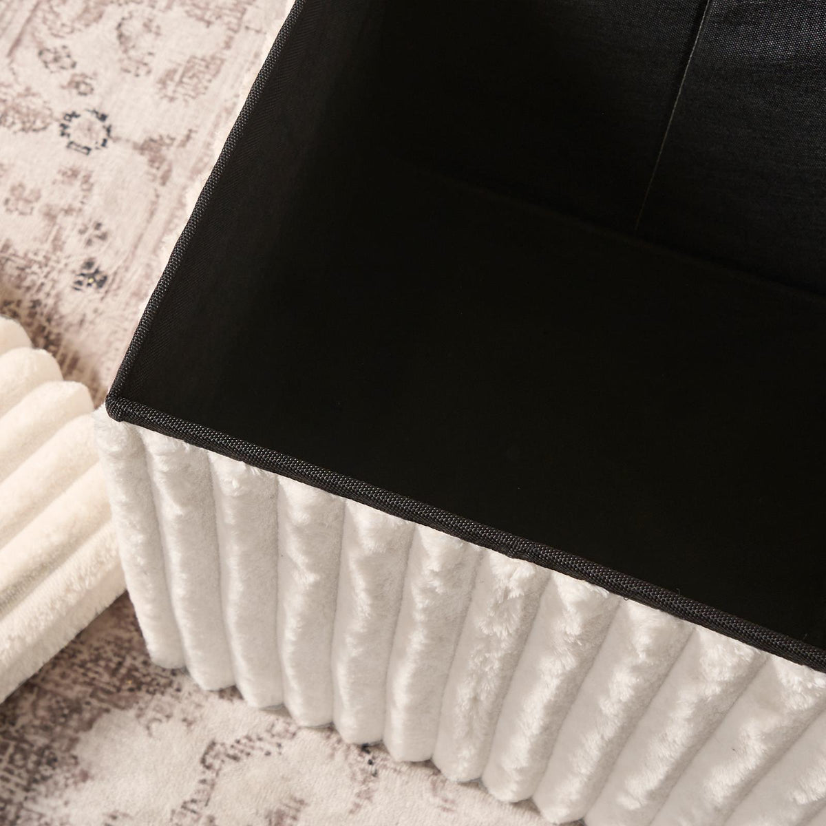 OHS Storage Box Lid Ottoman Folding Ribbed Fleece Footstool Tub Seat