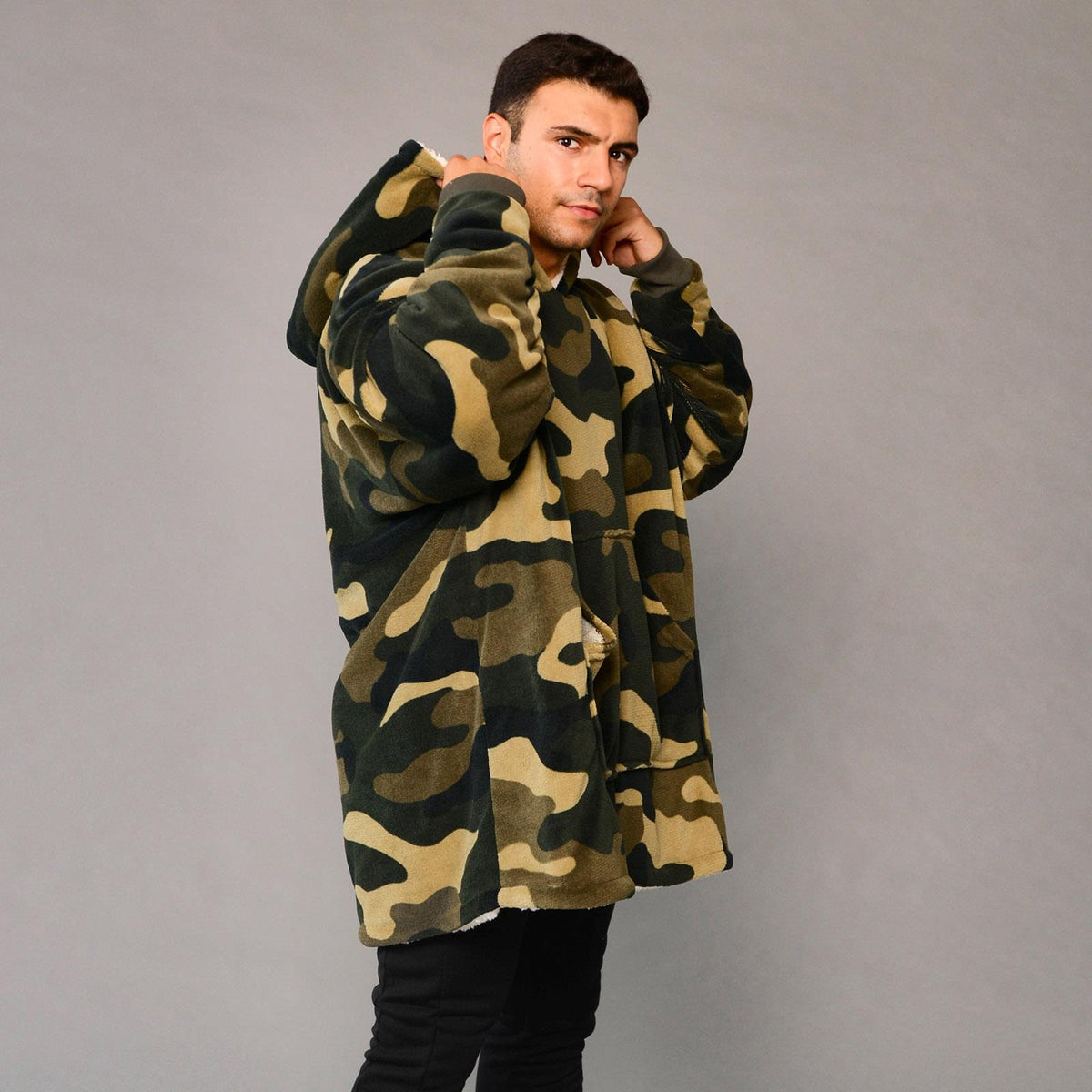 Dreamscene Camo Oversized Hoodie Blanket Giant Wearable Sherpa Sweatshirt, Khaki