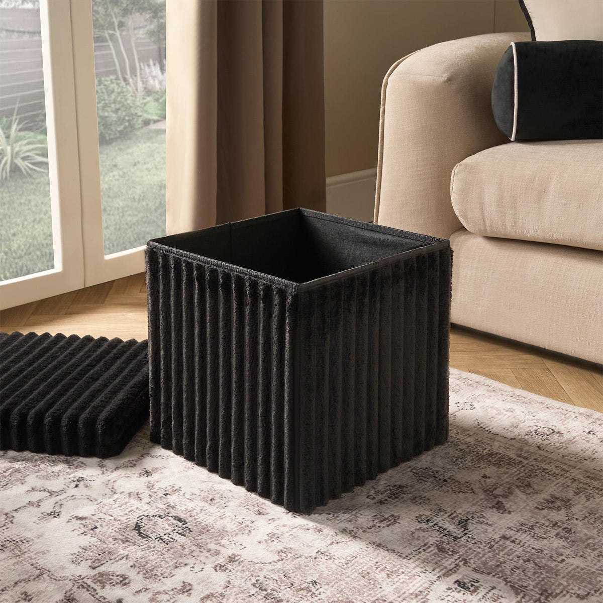 OHS Storage Box Lid Ottoman Folding Ribbed Fleece Footstool Tub Seat