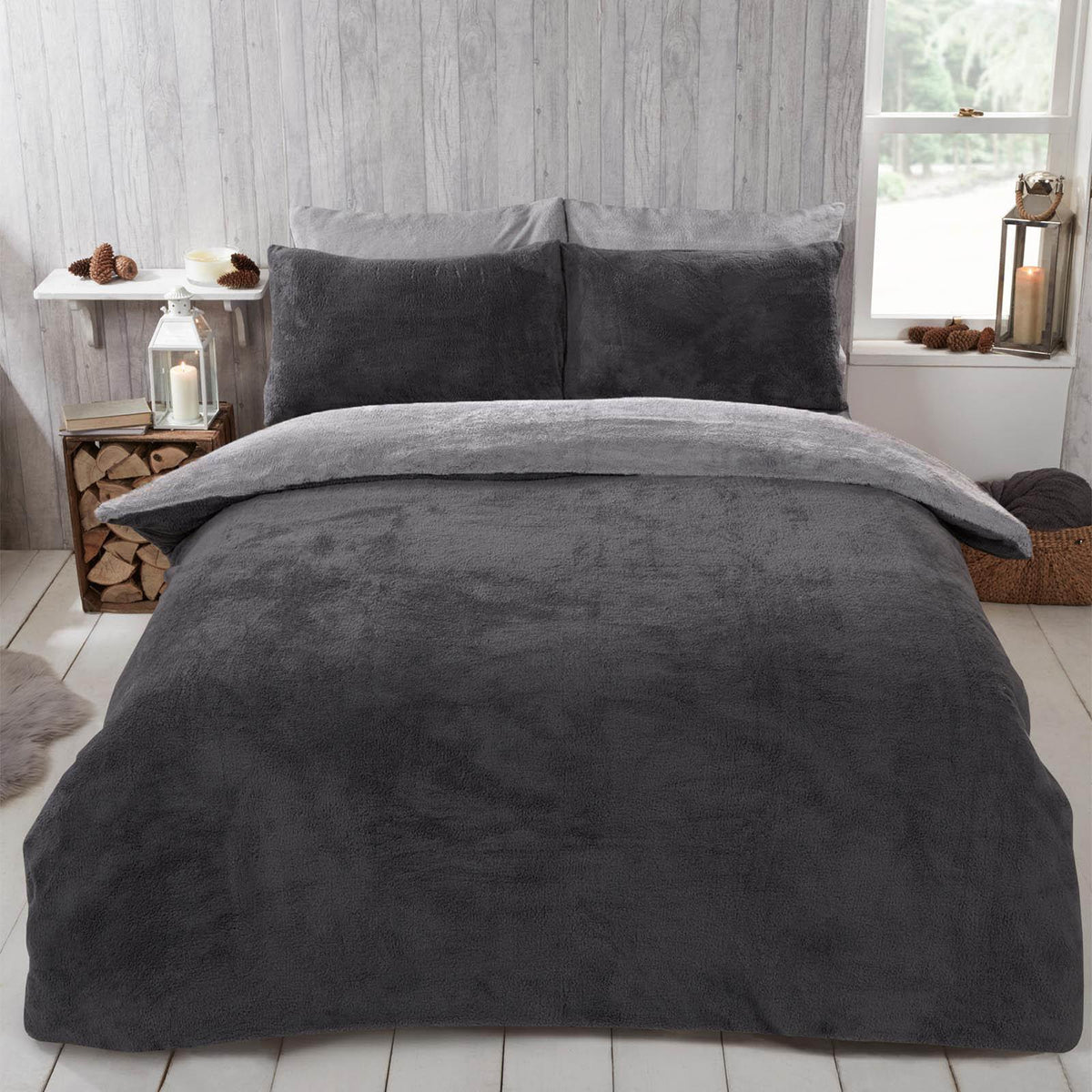 OHS Reversible Teddy Fleece Duvet Cover with Pillowcase Bedding Set Grey