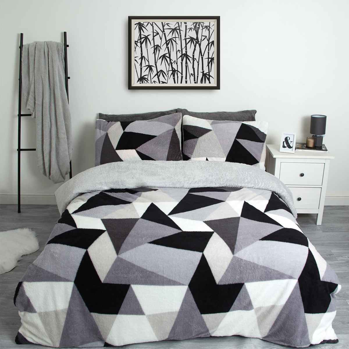 OHS Shapes Teddy Fleece Duvet Cover with Pillowcase Soft Warm Bedding Set