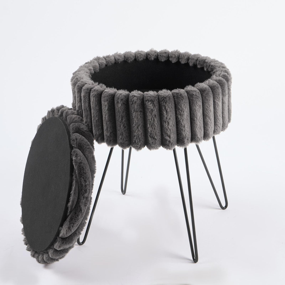 OHS Faux Fur Stool Hairpin Ribbed Fleece Round Vanity Seat Foot Rest Chair