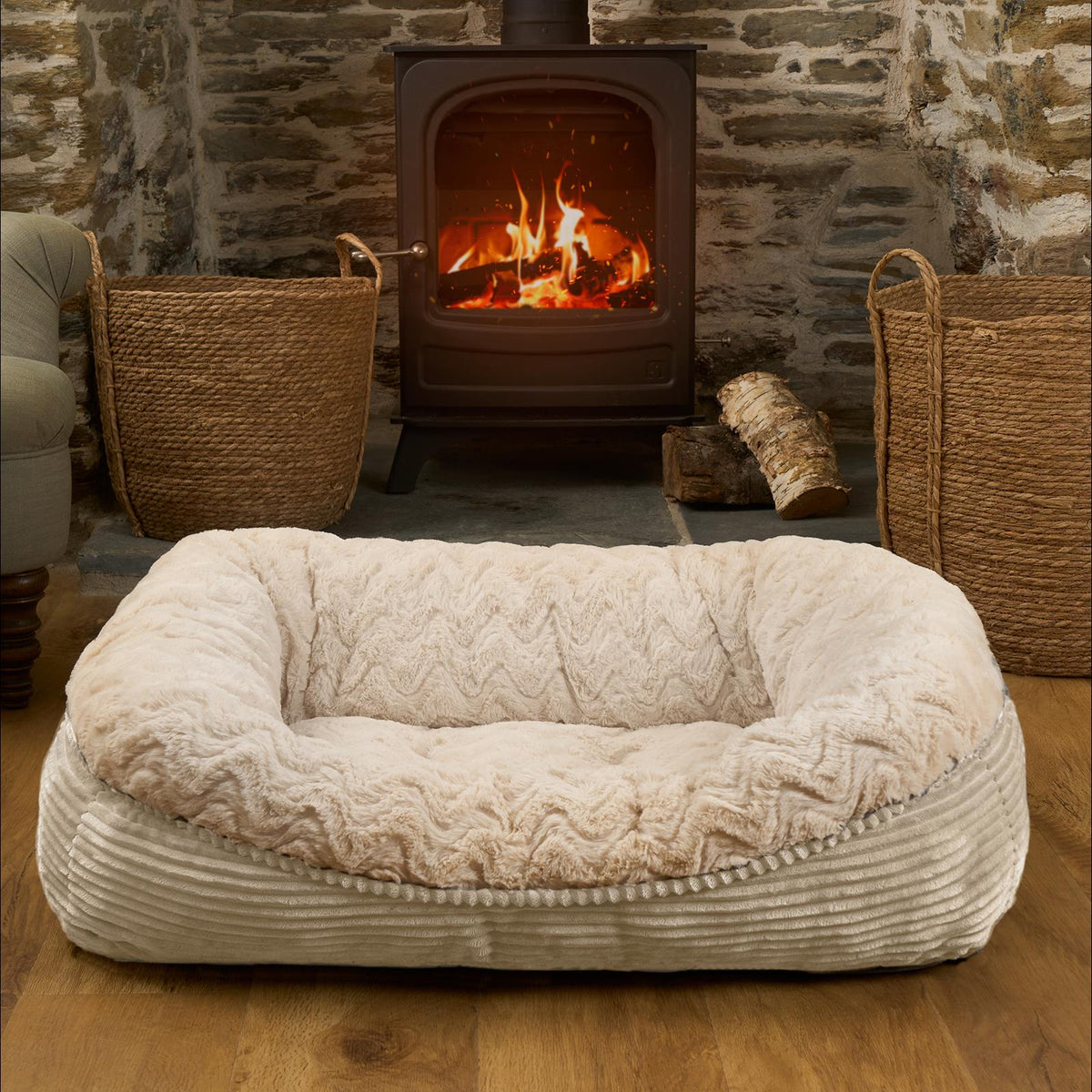 Dog Bed Washable Plush Soft Faux Fur Fleece Ribbed Pet Basket Cushion Warm Cosy
