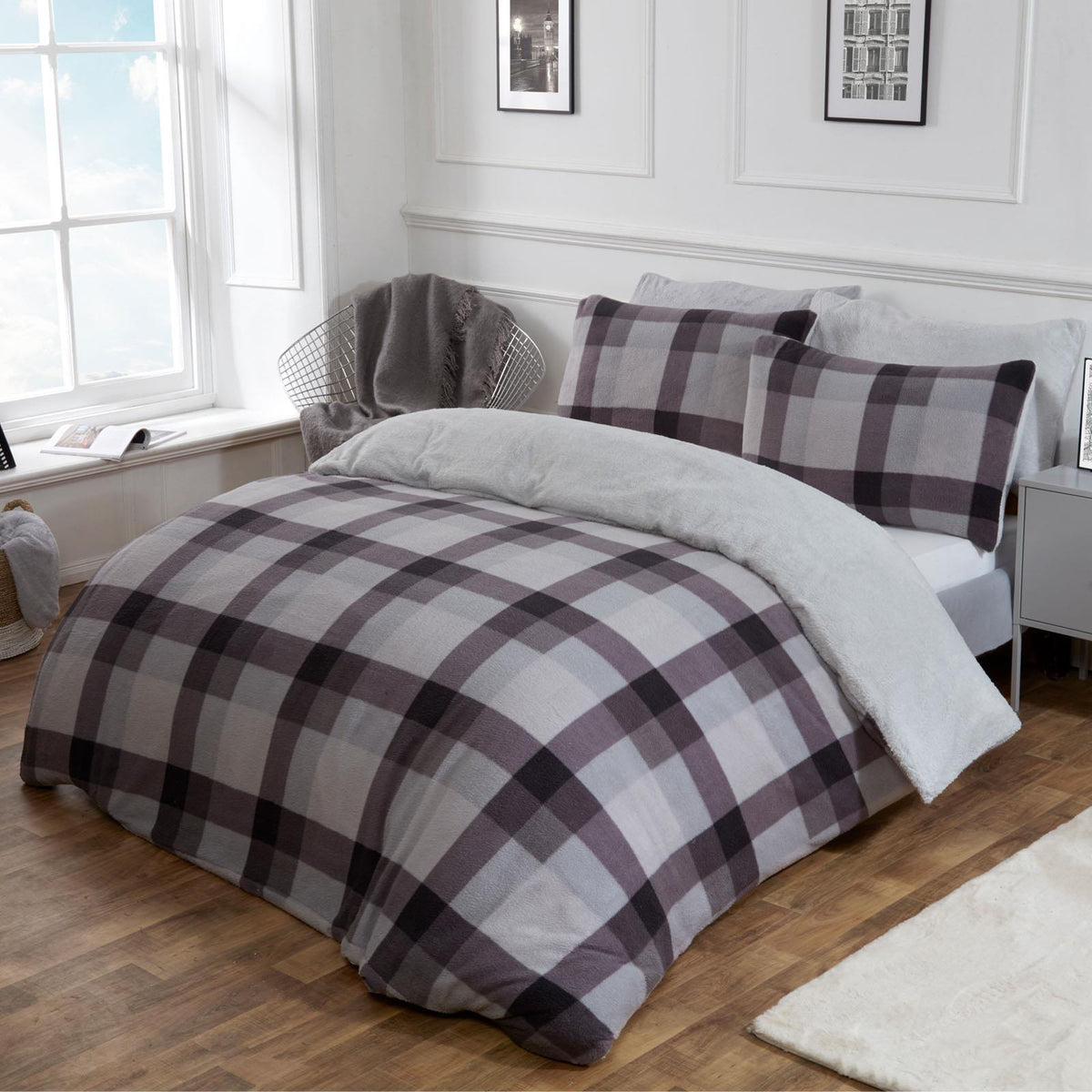 Dreamscene Check Teddy Fleece Duvet Cover with Pillowcase Thermal Bedding Set UK