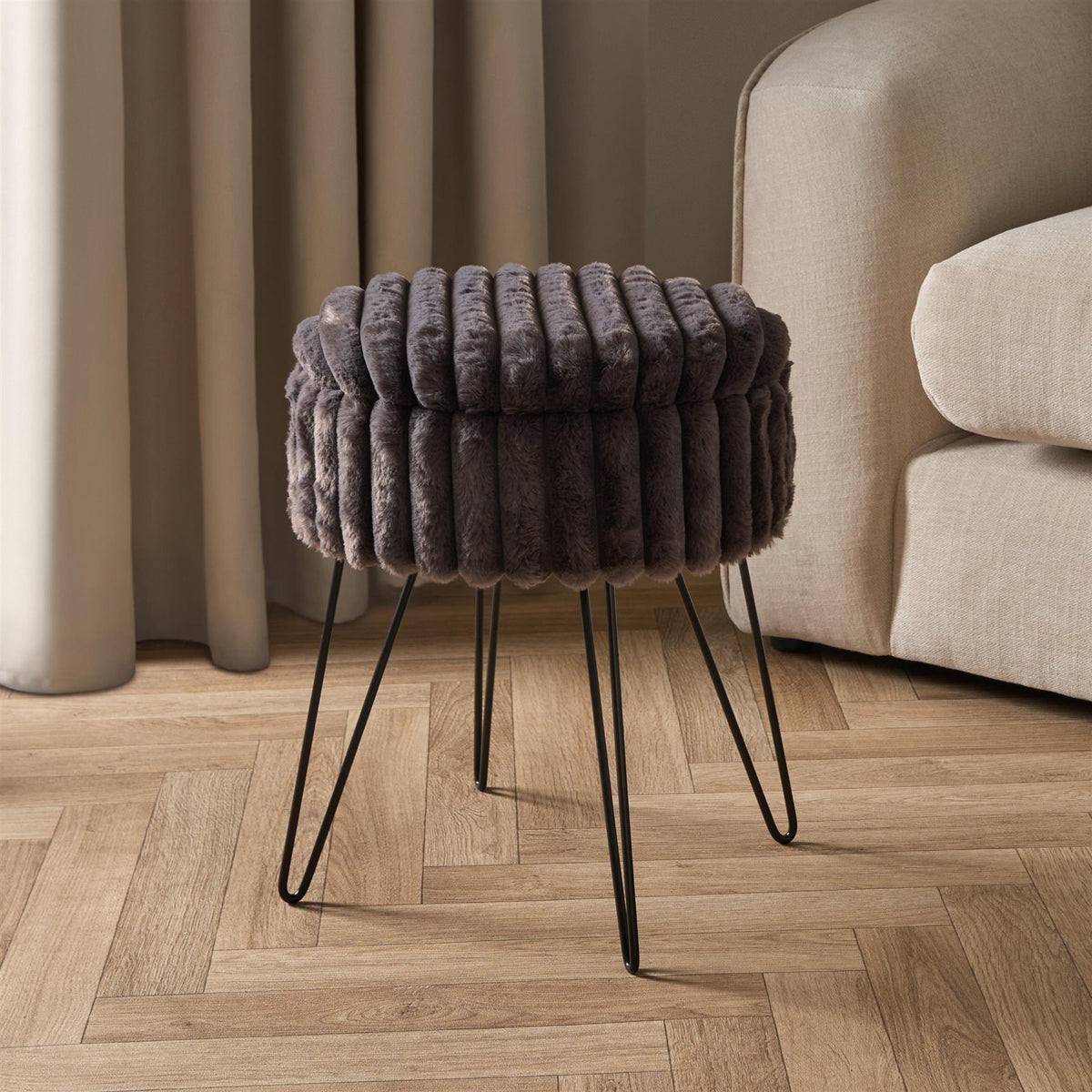 OHS Faux Fur Stool Hairpin Ribbed Fleece Round Vanity Seat Foot Rest Chair