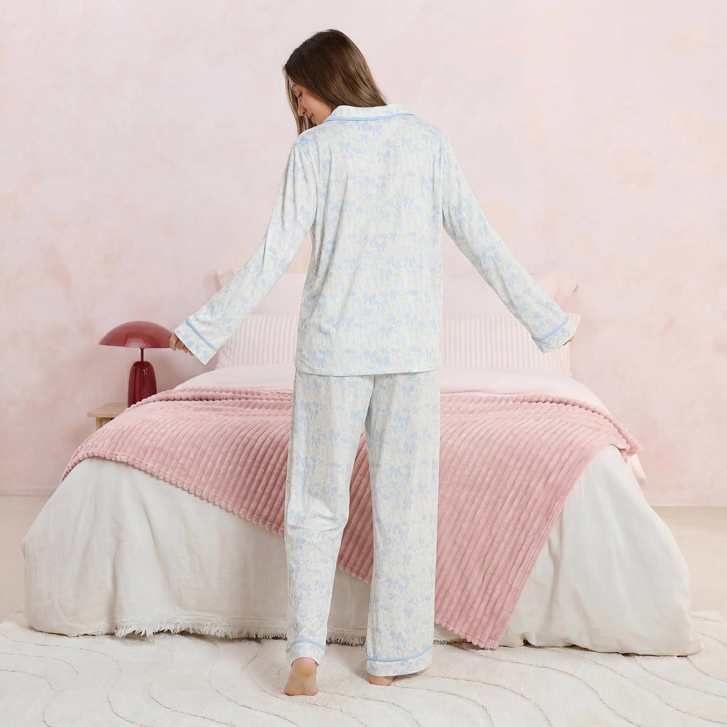 OHS Bows Pyjama Set Womens Jersey Button Through Soft Nightwear Loungewear