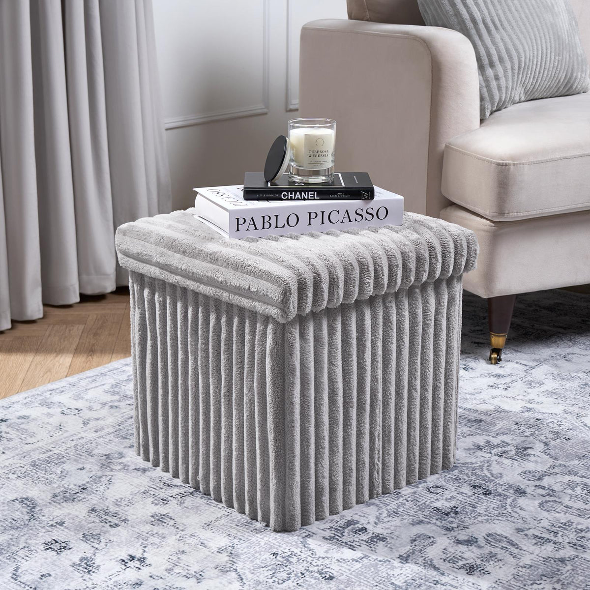 OHS Storage Box Lid Ottoman Folding Ribbed Fleece Footstool Tub Seat