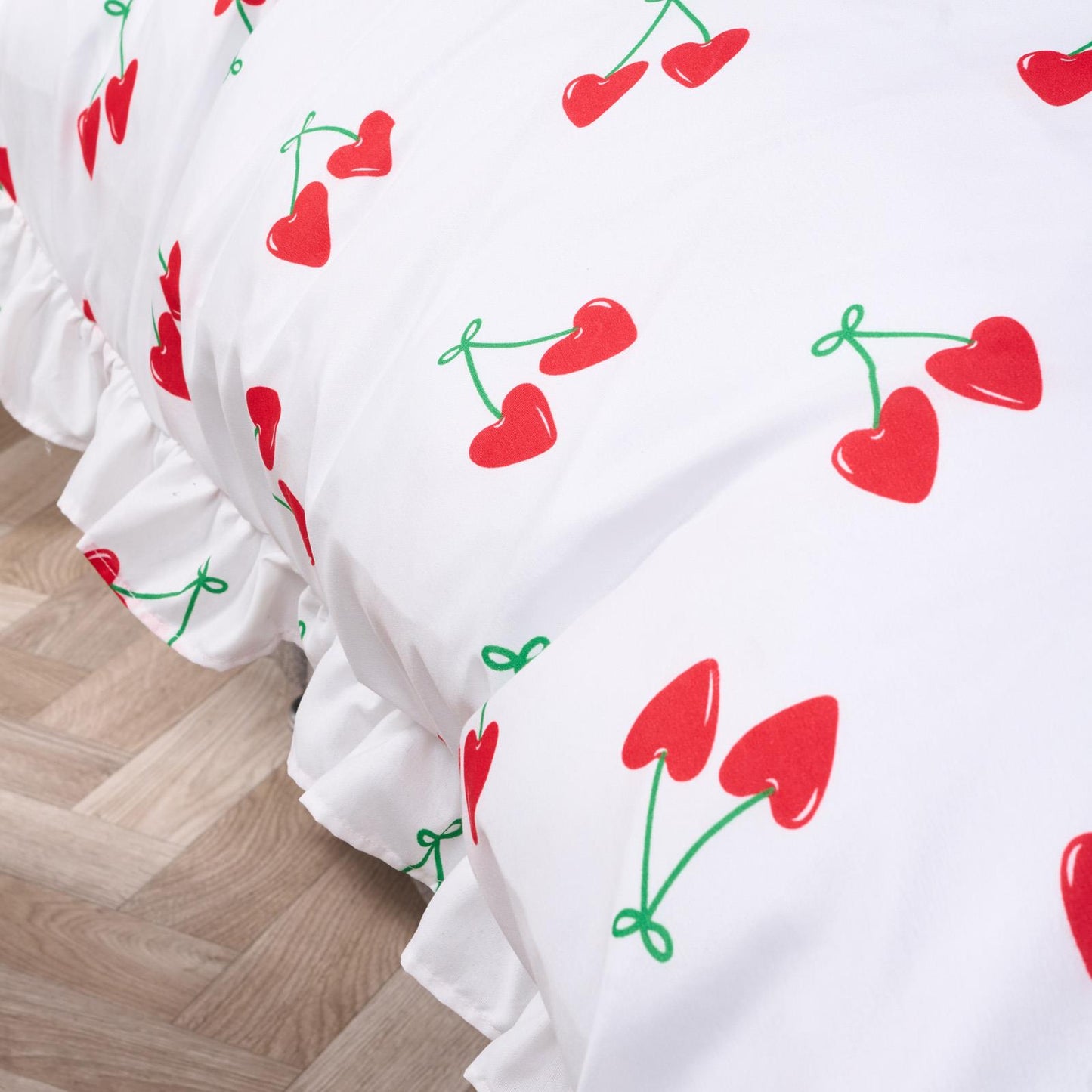 OHS Frill Edge Duvet Cover Set with Pillowcase Cherries Microfibre Bedding