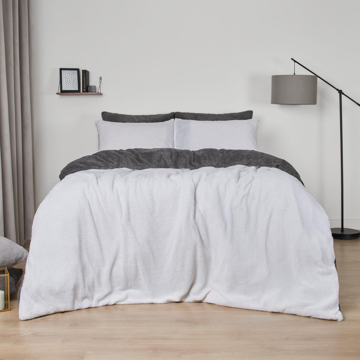 OHS Reversible Teddy Fleece Duvet Cover with Pillowcase Bedding Set Grey
