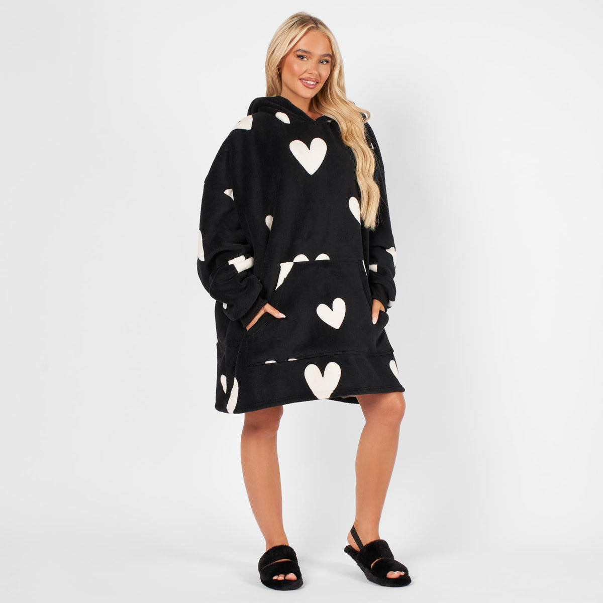 OHS Heart Print Hoodie Blanket Oversized Adult Fleece Sherpa Throw Jumper