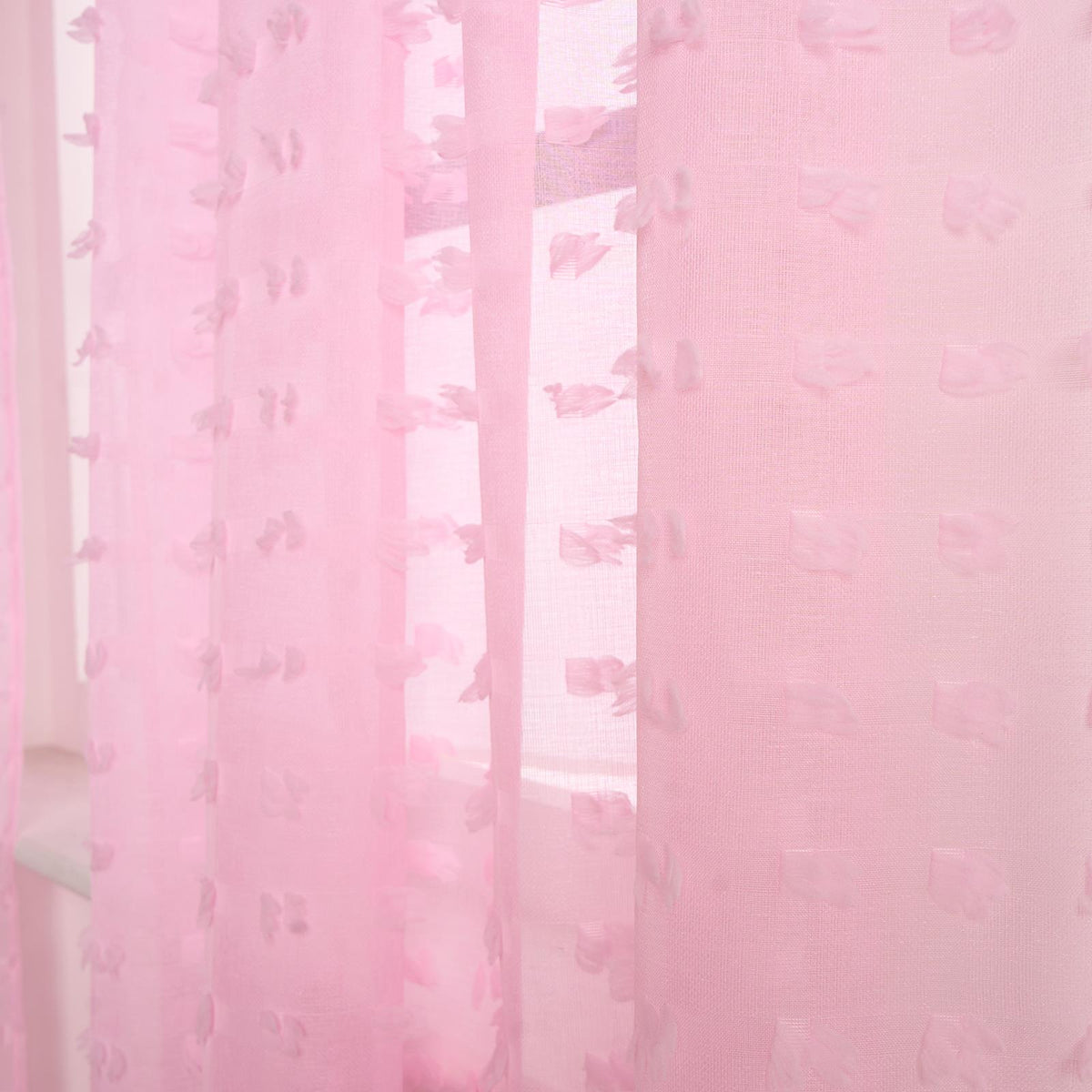 OHS Pompom Tufted Voile Net Curtains Pair 2 Window Panels Slot Top Set 55" Wide